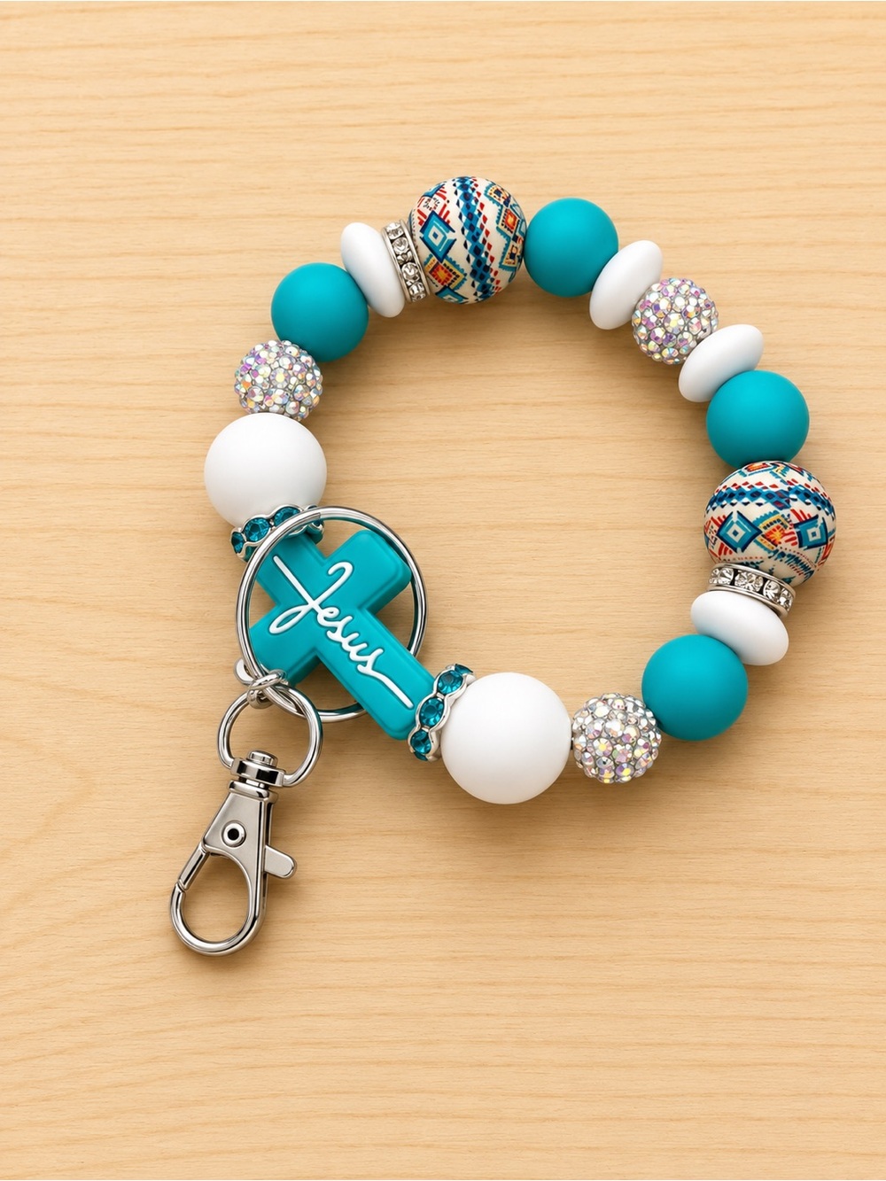 Turquoise & White Beaded Wrist Keyholder with Cross Charm